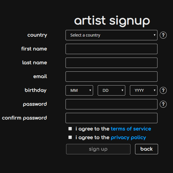Artist portal signup view